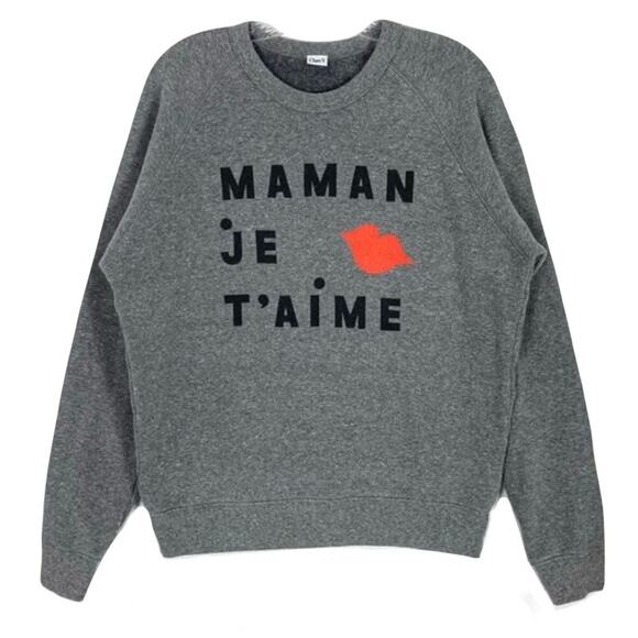 NWOT CLARE V CV+EMC Sweatshirt S Oversized Graphic RED-LIPS”Maman Je T’aime”Grey - Picture 3 of 12